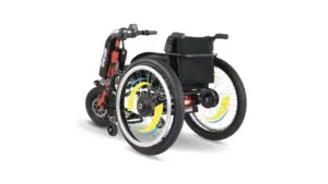 Clip-on Power Attachments 7 Adaptive wheelchair with handcycle, blue and yellow accents, promoting outdoor access for disabled people by a Community Interest Company.