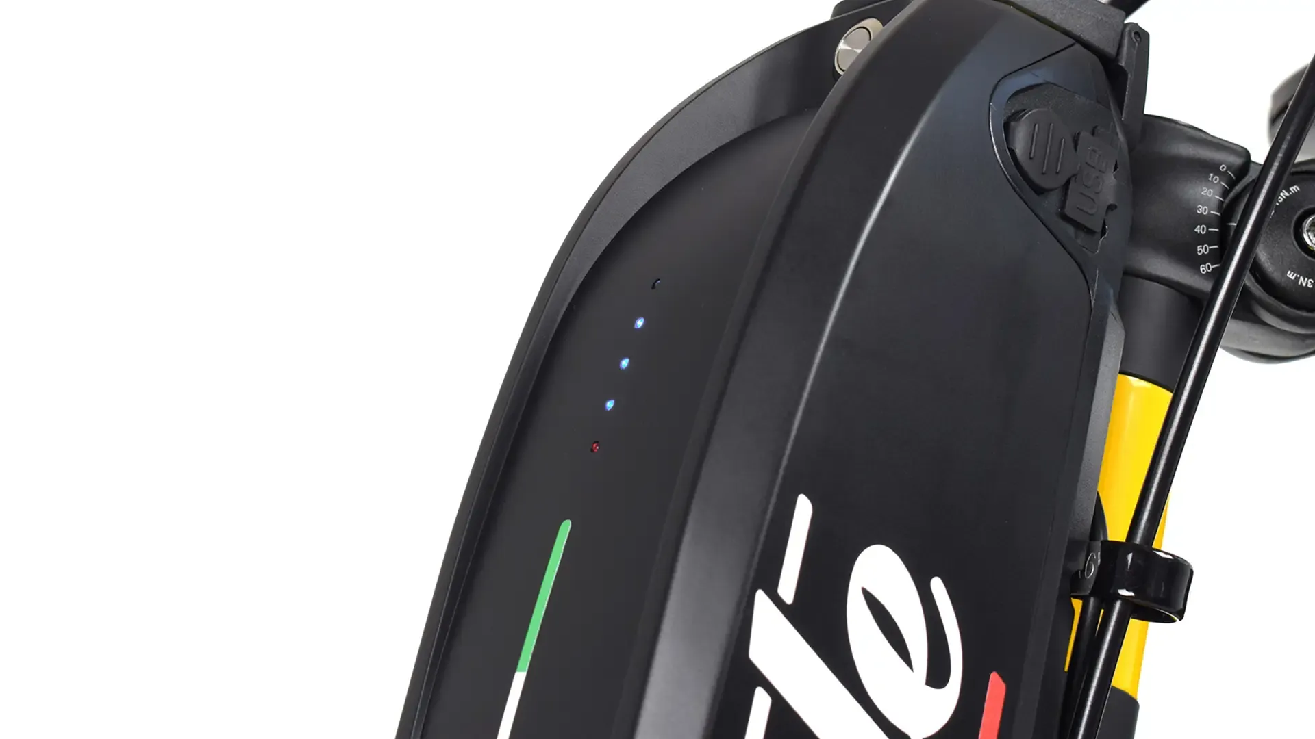 TriRide Special Compact HT 5 Electric bike battery close-up, charger port and indicator lights, supporting disabled access to outdoor cycling with our CIC programmes.